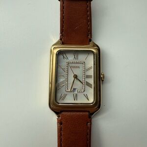 Fossil Raquel Gold-Tone Watch with Brown Leather Strap